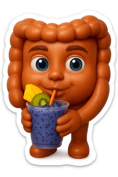 EMOJI STILE IPHONE DI un intestino umano anatomico che beve un frullato di mirtilli, ananas, kiwi, fagli anche la parte bianca degli occhi, non solo le pupille, REALISTICo 4K sticker