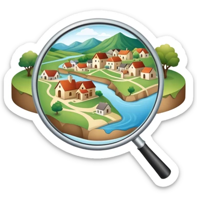 An icon featuring a magnifying glass over a local map, with a small village, traditional house, and natural landmarks like a river and hill, symbolizing local history and geography. Transparent background highlights the study of native land, culture, and heritage. sticker