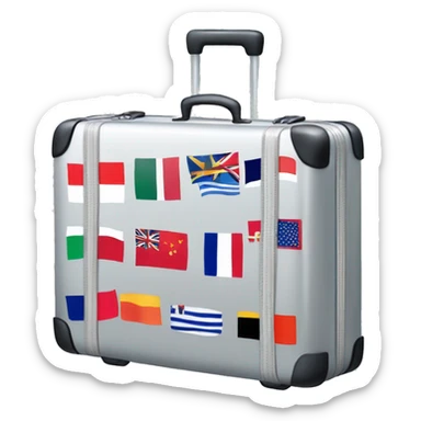 A silver suitcase with stickers from different countries sticker