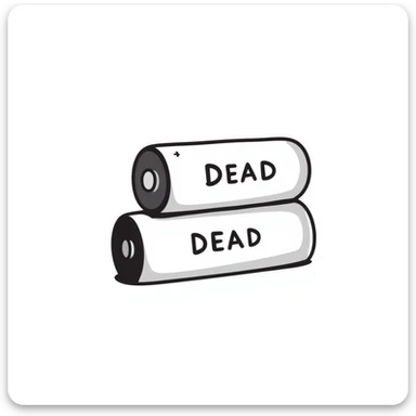 Two dead batteries stacked on top of each other, depleted, empty power sticker