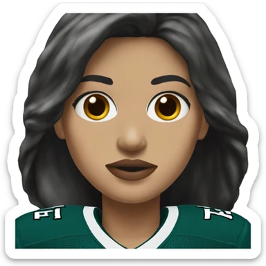 White female long dark hair red lips wearing Philadelphia Eagles jersey sticker