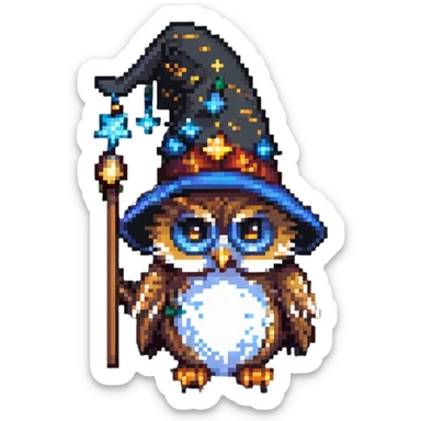 owl with a starry wizard hat pixel art sticker