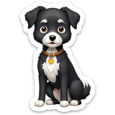  black dog with white paws and white chest sticker