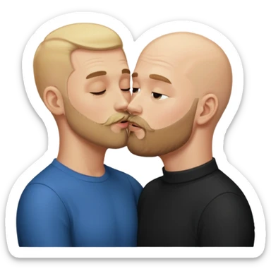 Blonde man kissing another bald man with a beard sticker