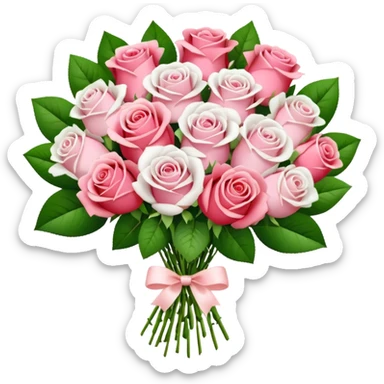 A white paper-wrapped bouquet of fresh roses and baby’s breath sticker