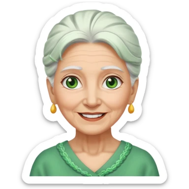 abuela con ojos verdes, pelo blanco, pelo blanco y amarrado, aspecto feliz, pelo blanco, no verde, solo verde los ojos sticker