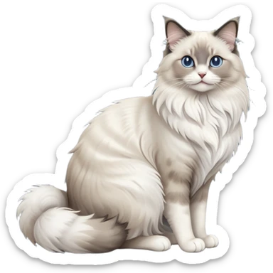 cinematic-[Ragdoll cat]-realistic-full-body-sitting-emoji,-tail-curled-playfully-around-its-paws,-head-tilted-dramatically,-fluffy-[grey ragdoll cat]-fur,-simplified-yet-realistic-focused-features,-highly-detailed,-glowing-with-an-almost-sarcastic-glow sticker