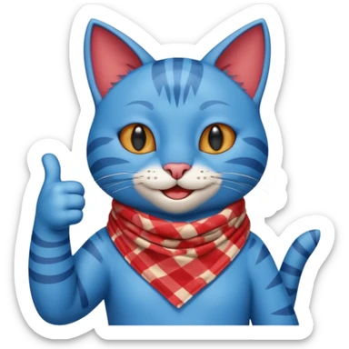 A Blue Cat smiling and giving thumbs up, wearing red Checkered Triangle scarf sticker