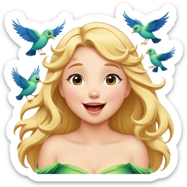 Cinematic Adorable Aurora Portrait Emoji, Giggling in surprise as birds land on her shoulders, cheeks flushed, golden locks bouncing, an irresistible mix of playfulness and beauty! sticker