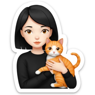 A beautiful girl with short black hair in a black sweater holds a orange cat in her arms sticker