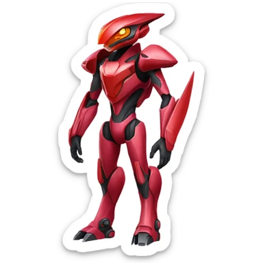 a shiny red Genesect-Raptor-Fakémon—hybrid with a futuristic visor-helmet full body sticker