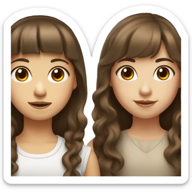 Two girls with white skin, shoulder-up. one has long wavy brown hair and the other has long straight brown hair with bangs. sticker