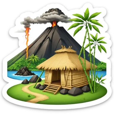 bamboo hut front of the volcano sticker