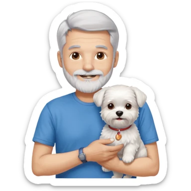 handsome gentleman, 60 years old, silver hair short, full beard, wearing a blue t-shirt, smiling and holding a maltese dog sticker