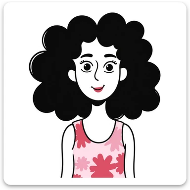 Woman in her 30s with clear skin, elongated face, soft cheeks, large expressive brown eyes, natural eyebrows, defined nose, full lips with soft red lipstick, abundant dark brown curly hair, wearing pink tie-dye tank top sticker