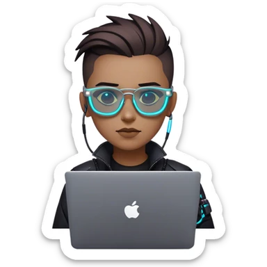 An emoji of a person with a laptop, but wearing cyberpunk glasses and with a slight neon glow sticker
