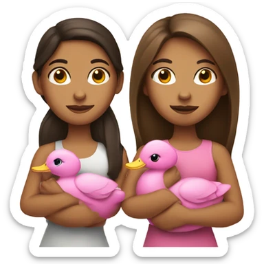two tan brunette girls holding a pink duck sticker