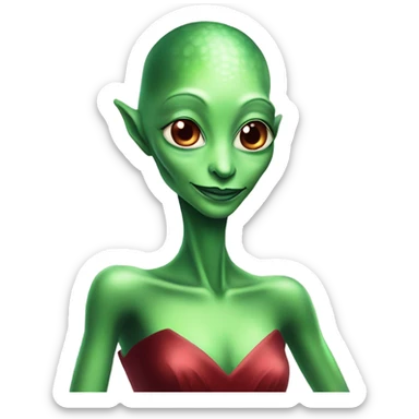 reptilian green alien woman, in long slim pastel red formal party satin dress with gradient shiny sparkling dark red sticker