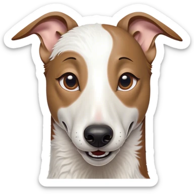 Cinematic Comical White and Brown Greyhound Portrait Emoji, Head tilted dramatically with an exaggeratedly amused expression, featuring a striking white Fur with dynamic brown accents, wide, expressive eyes filled with playful disbelief, Simplified yet hilariously expressive features, highly detailed, glowing with a slightly sassy glow, high shine, dramatic yet playful, stylized with an air of cheeky mischief, bright and endearing, soft glowing outline, capturing the essence of a spirited and over-the-top racer, so meme-worthy it feels like it could side-eye its way into internet fame instantly! sticker