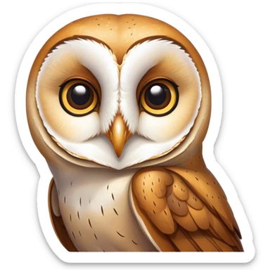 Cinematic Noble Barn Owl Portrait Emoji, Poised and regal, with a slender, graceful build and a striking mottled plumage of whites and browns, deep-set soulful amber eyes, Simplified yet sharp and sophisticated features, highly detailed, glowing with a soft, dignified glow, high shine, intelligent and mysterious, stylized with an air of nocturnal wisdom, focused and attentive, soft glowing outline, capturing the essence of a watchful and confident fowl, so majestic it feels as though it could silently glide out of the screen with effortless authority! sticker
