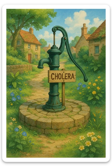 a classic water pump as the source of cholera, inspired by the 1854 Broad Street outbreak, in Ghibli style sticker