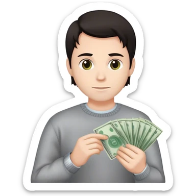 male white realtor hang money in hand, cruel, dark hairsweater,computer in hand,white skin, an avatar image gonna be round  sticker
