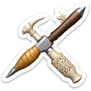 Carving icon, stone, bone, and horn being carved with chisels, fine detailed patterns visible, carving tools like chisel, minimalistic style, clean lines, transparent background. sticker