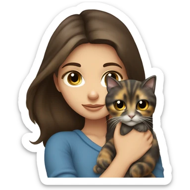 “blue-eyed brunette girl” holds “gray yellow-eyed tortoiseshell cat” in her arms sticker
