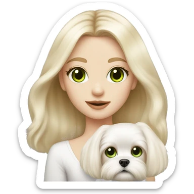 Blonde girl, pale skin, green eyes with long fur Maltese puppy sticker