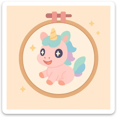 an embroidery frame with a magical creature embroidered, Animal Crossing style, soft colors, cute and cozy sticker