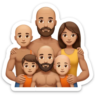 Happy Muscular Bald beard man and his hot wife with long brown hair and 3 sons sticker