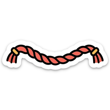 horizontal wide divider: wavy twisted red cord with tassels on edges, thin clean outlines, soft rounded shapes, pastel palette with red accent, detailed shadows and highlights, soft lighting, transparent background, modern Japanese pop art and sticker aesthetic, length about 8 emoji slots sticker