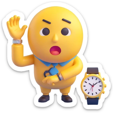 A yellow emoji face with a worried expression, looking at a wristwatch with raised eyebrows, showing urgency and stress sticker