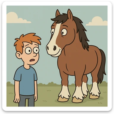 A boy orange hair blue shirt Clydesdale horse sticker