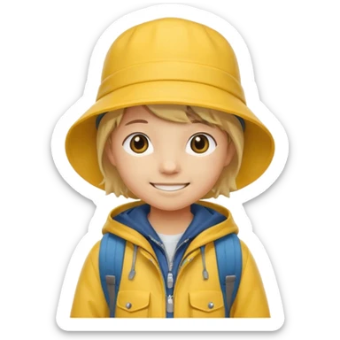 Little student wears yellow bucket hat and jacket, backpack, happ sticker