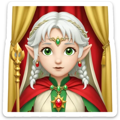 an elf with very white hair and two long pigtails on the side of her head, she has a curtain bang, green eyes, she has a white cape with golden borders and a scepter with a red orb, she has earrings that look like red drops sticker