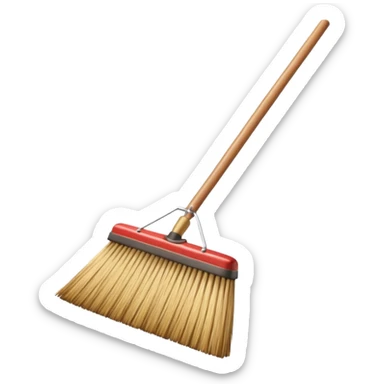 traditional broom with wooden handle cleaning dust from a carpet, straw bristles sweeping visible dust particles, vintage household cleaning tool, simple retro style, 3D cartoon, mobile game icon style, centered composition, clean background, no people, no animals, no text, no watermark sticker