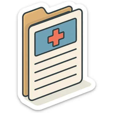 first page of medical history folder with header and fillable fields, 2D isometric style, clean outlines, highly detailed drawing, shadows and highlights, soft lighting, transparent background sticker