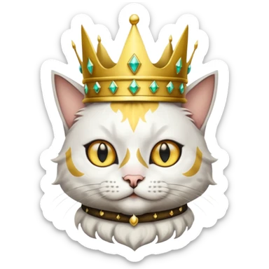 A wizard king cat that is mostly white with big black spots and yellow eyes sticker