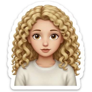 a dirty blonde girl with brown eyes and make her wearing a white sweater and  with really long curly hair and white skin color, long hair and really big lashes sticker