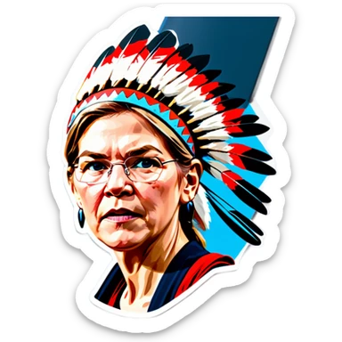 Make a picture of Senator Elizabeth Warren with a traditional Native American headdress make it less cartoonish without the braids make it more realistic accentuate her wrinkles and more realistic make her hair blonder and get rid of the headdress besides  sticker