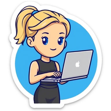 Cartoon 
Blonde woman ponytail blue eyes with MacBook sticker