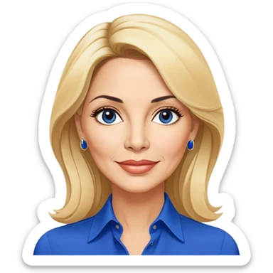 Linette Torres, 50-something Puerto Rican actress with fair complexion, beautiful mature facial features, bright expressive eyes, defined cheekbones with slight age lines, full lips with warm smile, blonde hair with sophisticated styling, wearing a stylish blue blouse sticker