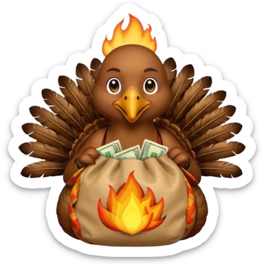 Can you create a turkey warming up a bag of money by a fire sticker