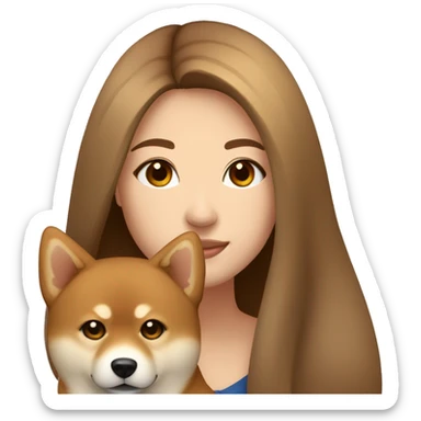 beautiful woman, straight long light brown hair, brown eyes smiling with dog Shiba Inu sticker