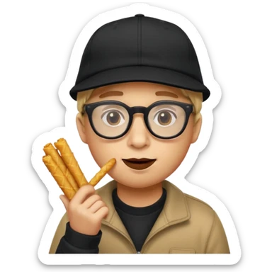 num num eatting hashbrown sticks with a plain black cap and glasses sticker