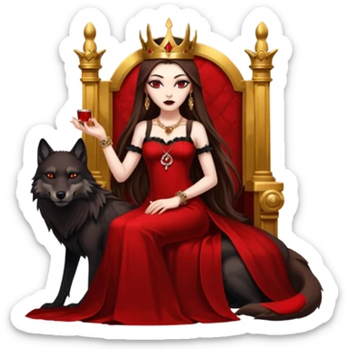 Lilith symbol seductress evil brown straight long hair haired, sexy succubus woman with red and black Chanel dress sitting on a Black and gold throne. A large black wolf laying beside he sticker