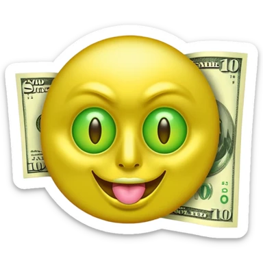 money face emoji. The face should be bright yellow, with exaggerated dollar-sign eyes glowing in neon green, and a tongue sticking out shaped like a crisp $100 bill. Add a shiny, golden aura behind the face sticker