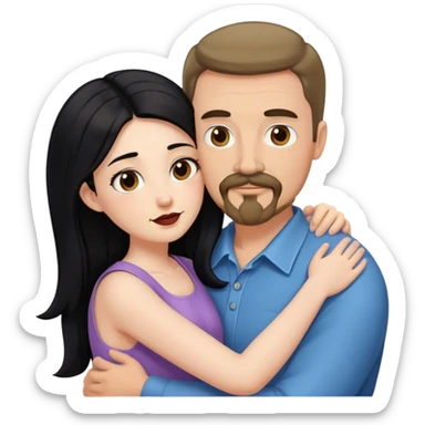 Tall white man with brown mustache and goatee hugging a short pale woman with long black hair sticker