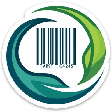 Clean minimalistic logo on 3:2 ratio canvas with circular motif. Inside circle: barcode transitioning into globe. Soft gradients of green and blue suggesting sustainability and trust. Sleek, professional, contemporary style focused on simplicity. sticker